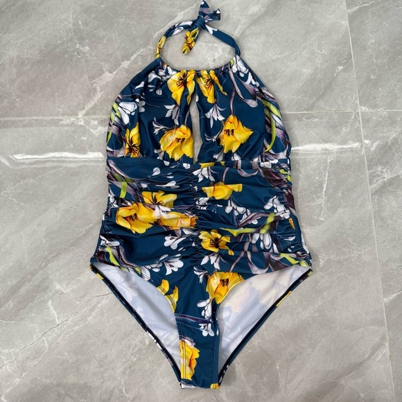 Women's APPIE Floral Ruched Tummy Control One Piece V-Neck Keyhole Swimsuit XL - Picture 3 of 16